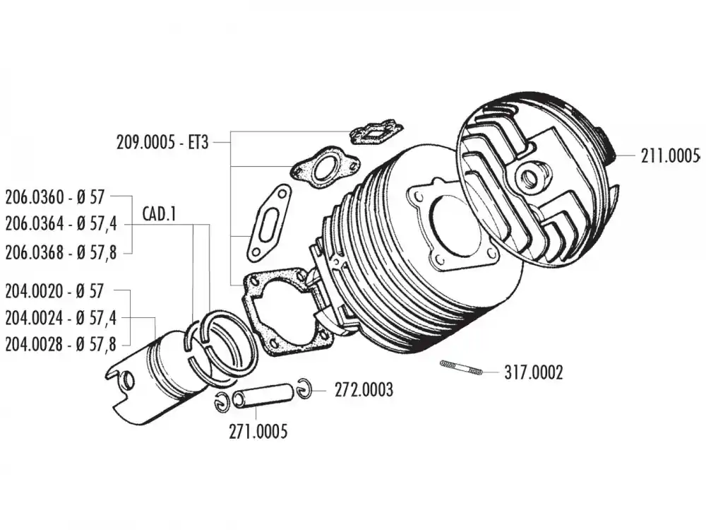 Kolben Satz Polini Dual-Einlass 130ccm 57,4mm für Vespa 125 ETS, PK, Primavera 2T, Primavera ET3 2T, XL Echt