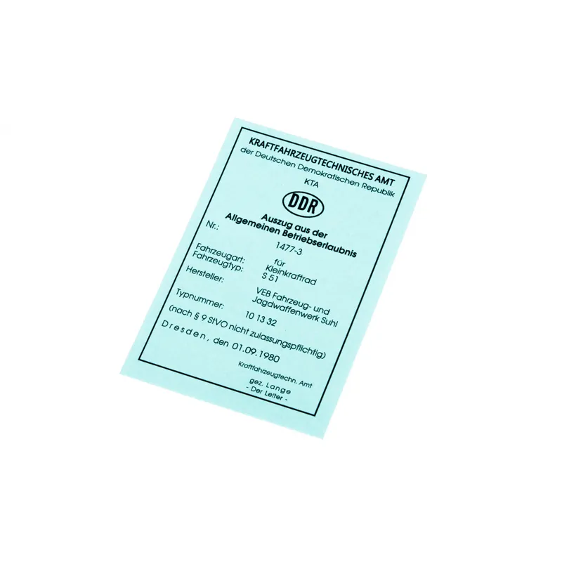 ABE Betriebserlaubnis für Simson Fahrzeugschein blanko DDR Karte 7,5x10,5cm Sichere Zahlung