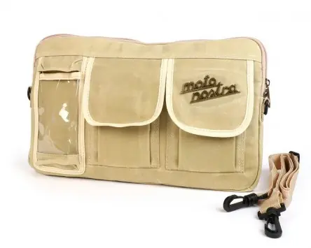 Neuheit Tasche Gepäckfachklappe / Umhängetasche mit Handyhalter MOTO NOSTRA waxed canvas beige kompatibel für Vespa, Lambretta, GTV, GTS, HPE, Supertech, Tour