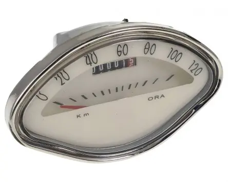 Aktuell Tachometer UNI AUTO weiß, bis 120km/h, Muschelform kompatibel für Vespa VBA, VBB, GL150, GT125, GTR125, GS, SS 180, Sprint